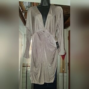 Silver Gray Cross-Over Mini Dress w Slit Sleeves